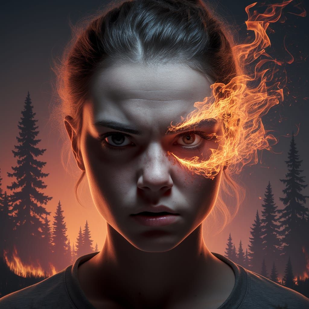 Angry Woman Enveloped by Fiery Embers in a Haunting Portrait