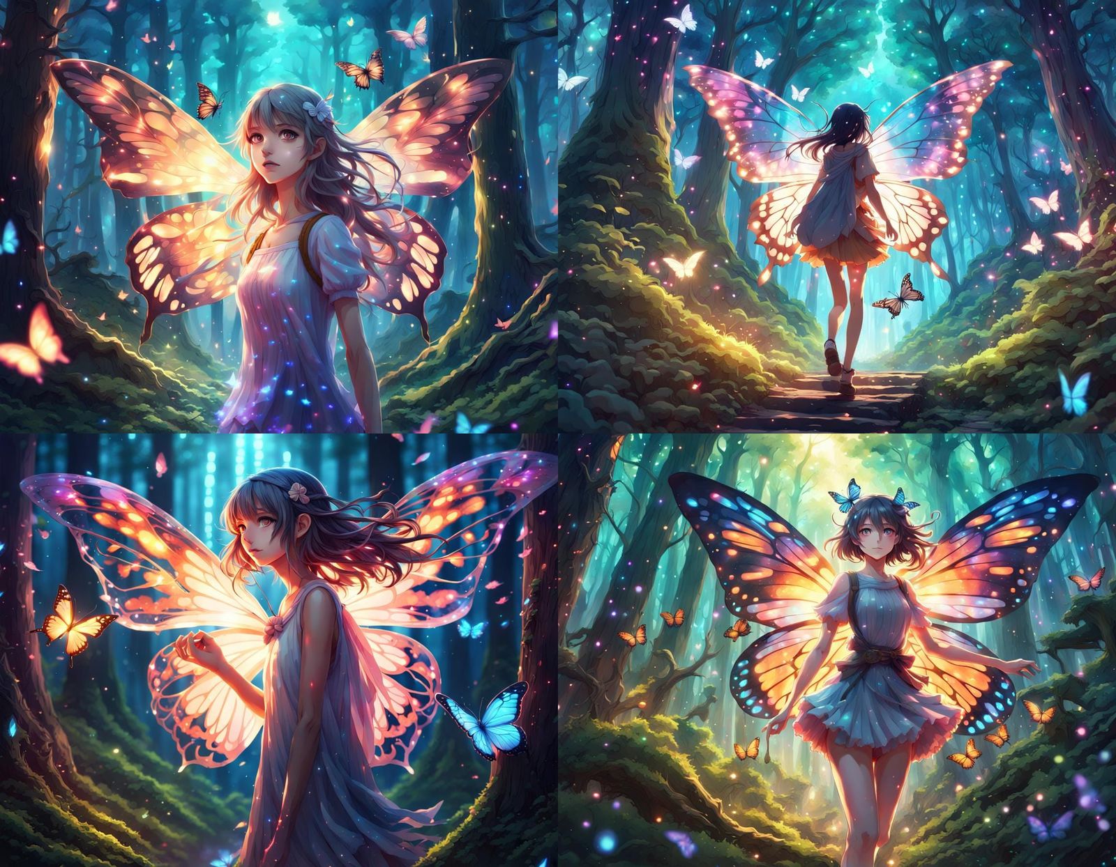 Anime Girl with Butterfly Wings in Magical Forest