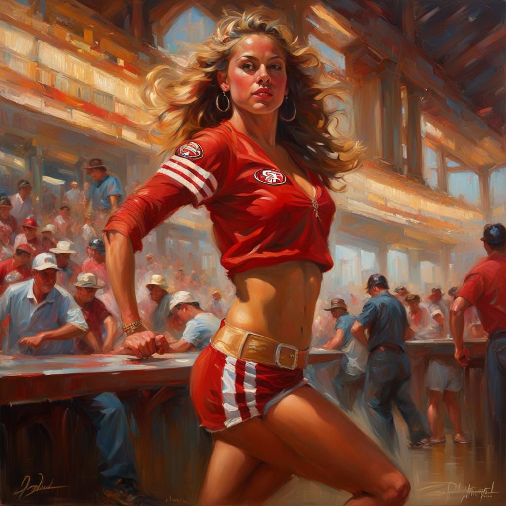 Classy beautiful woman wearing San Francisco 49ers jersey and daisy dukes while booty twerking. Skimpy and risqué.   Dan...