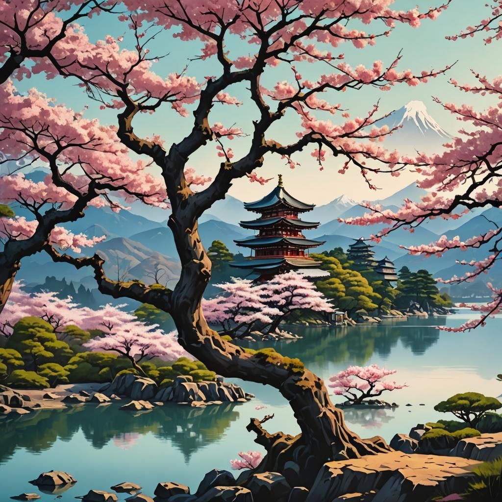 Ancient Sakura Tree by Lake: Abstract Art
