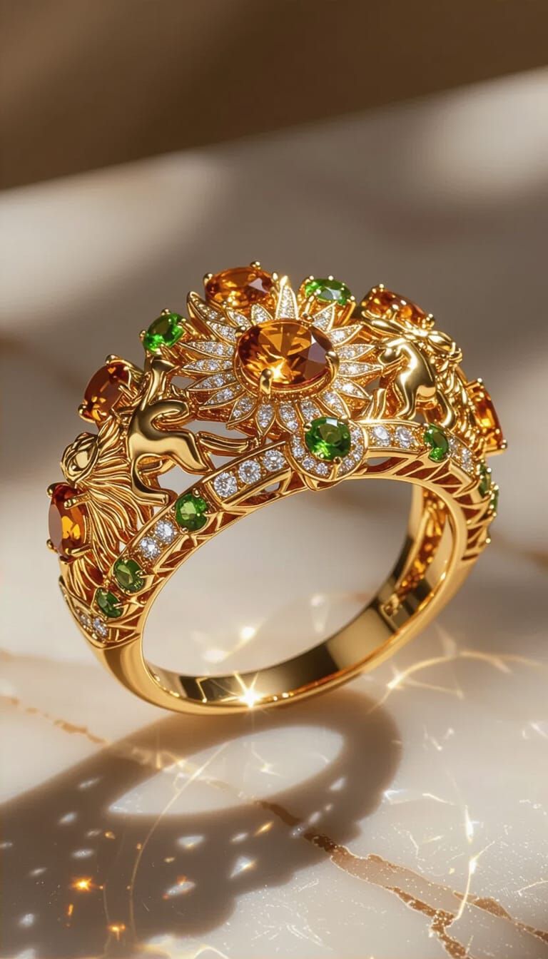 Golden Sunburst Crown Ring with Lion Motifs
