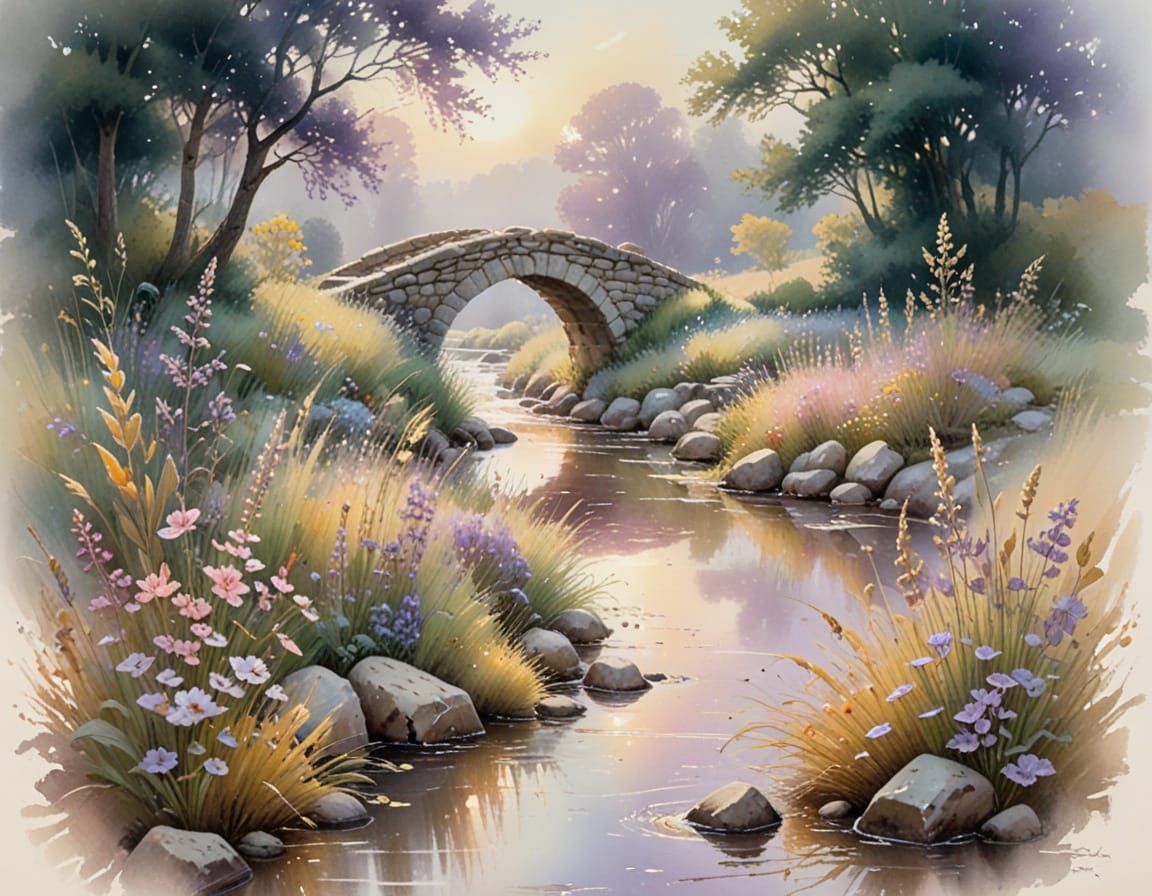 Pastoral Stone Bridge in Watercolour Meadow