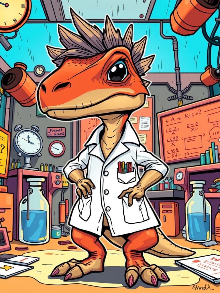 Cartoon Velociraptor Scientist in Comic Book Style