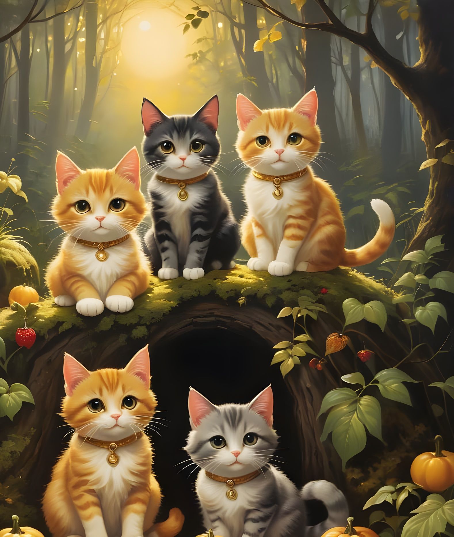 Cute Cats in Forest, Oil Painting Illustration