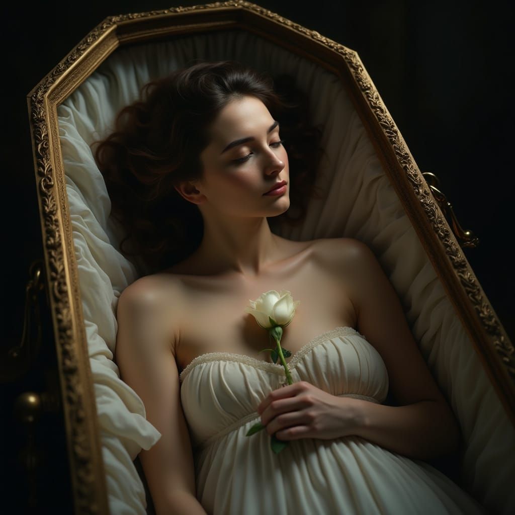 Serene Woman in Ornate Casket, Dramatic Portrait Style