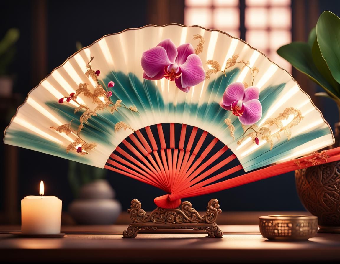 Luxury Chinese Fan and Orchids, Studio Photo