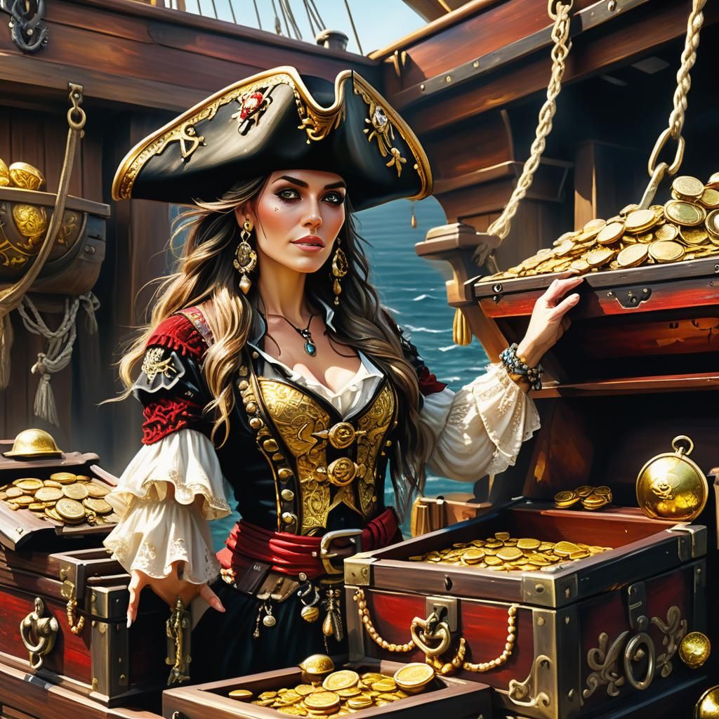 Female Pirate and Treasure Chest as Oil Painting