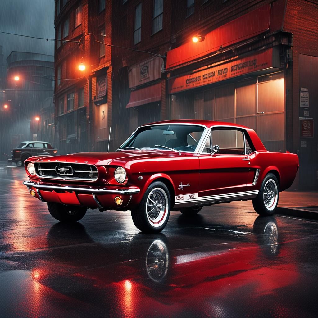 Cherry-Red 1965 Ford Mustang in Cinematic Lighting