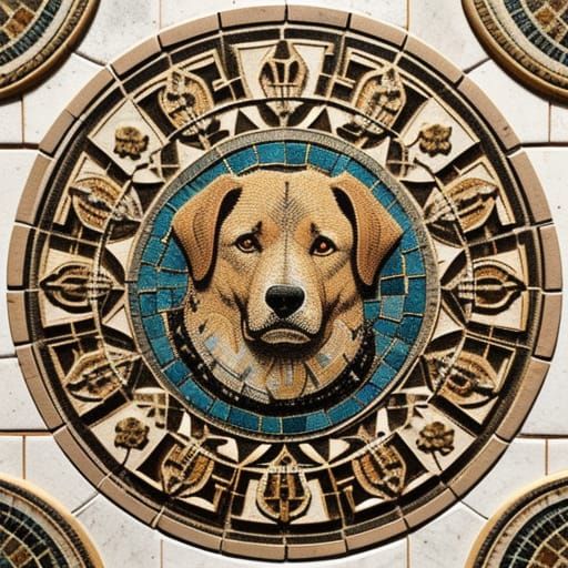 Roman Mosaic Masterpiece with Stylized Dog and Latin Inscrip...