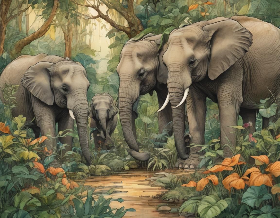 Elephant Story Time: Whimsical Junglecore Illustration