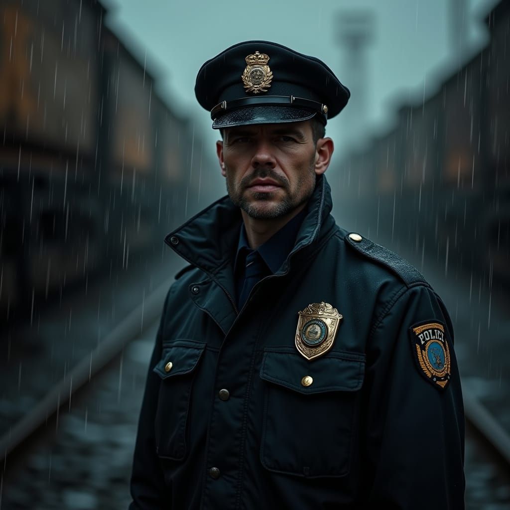 Police Officer in Abandoned Rail Yard: Gritty Realism