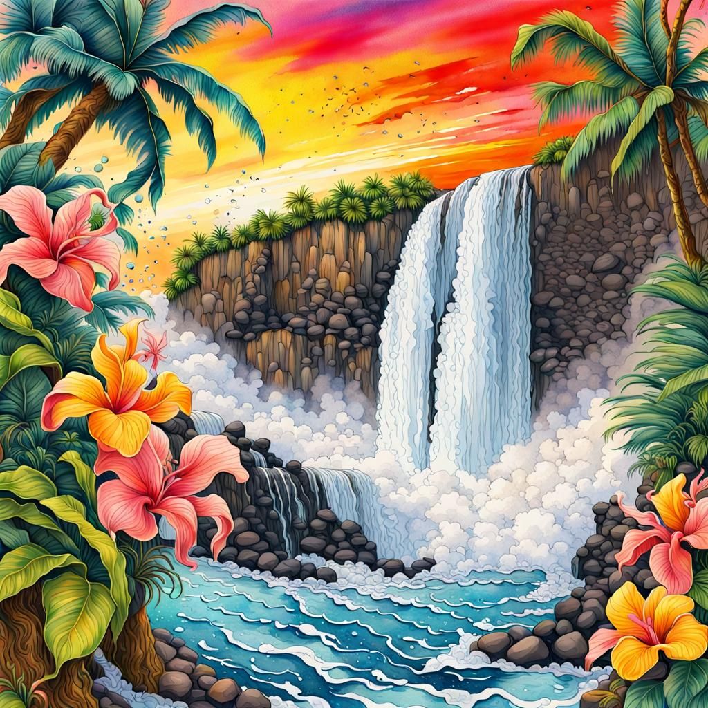 Hawaiian Waterfall Scene in Watercolor Splash Art
