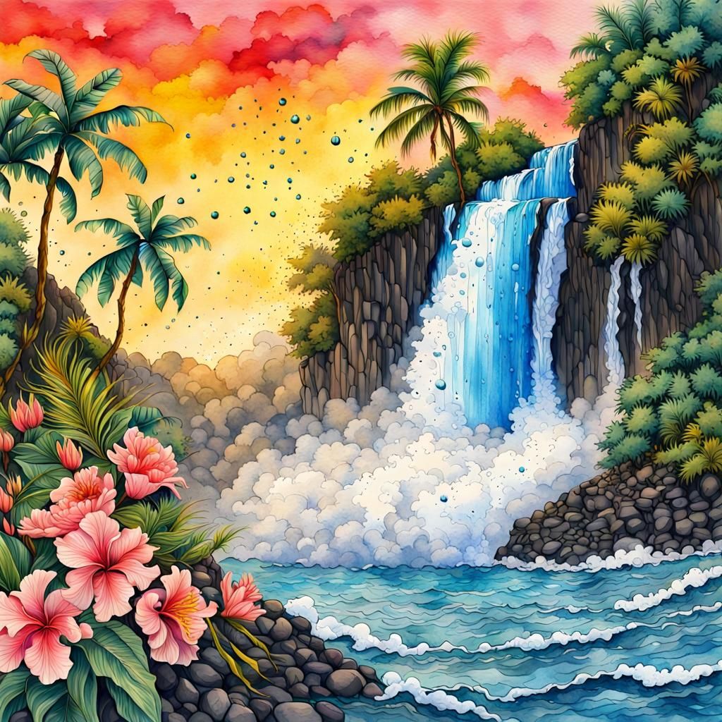 Hawaiian Waterfall in Watercolor Splash Art