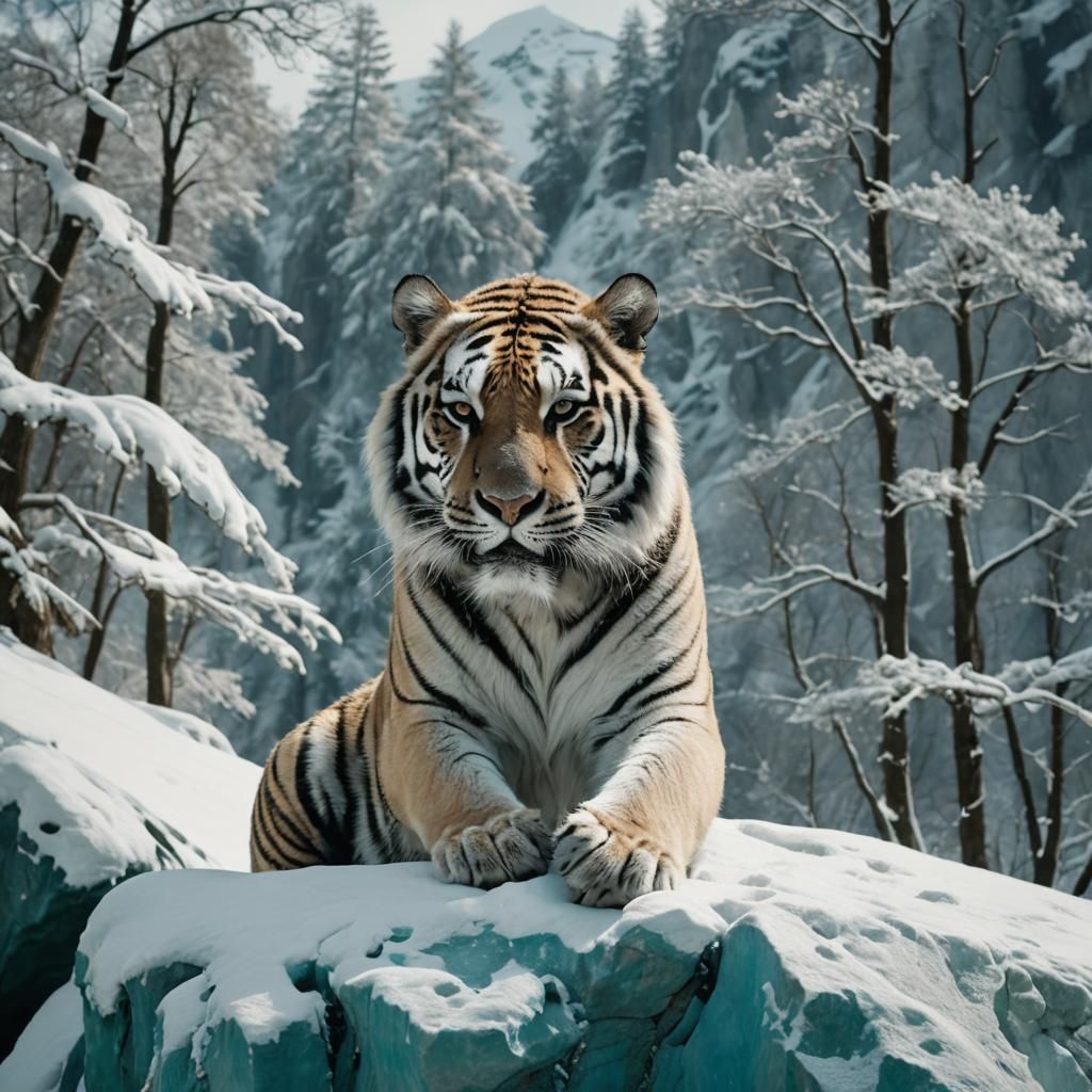 White Tiger on Snowy Cliffs: Cinematic Landscape