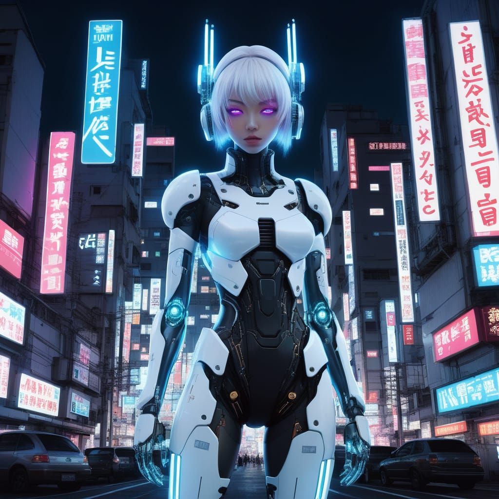 Cyborg Anime Girl in Cyberpunk Neon City