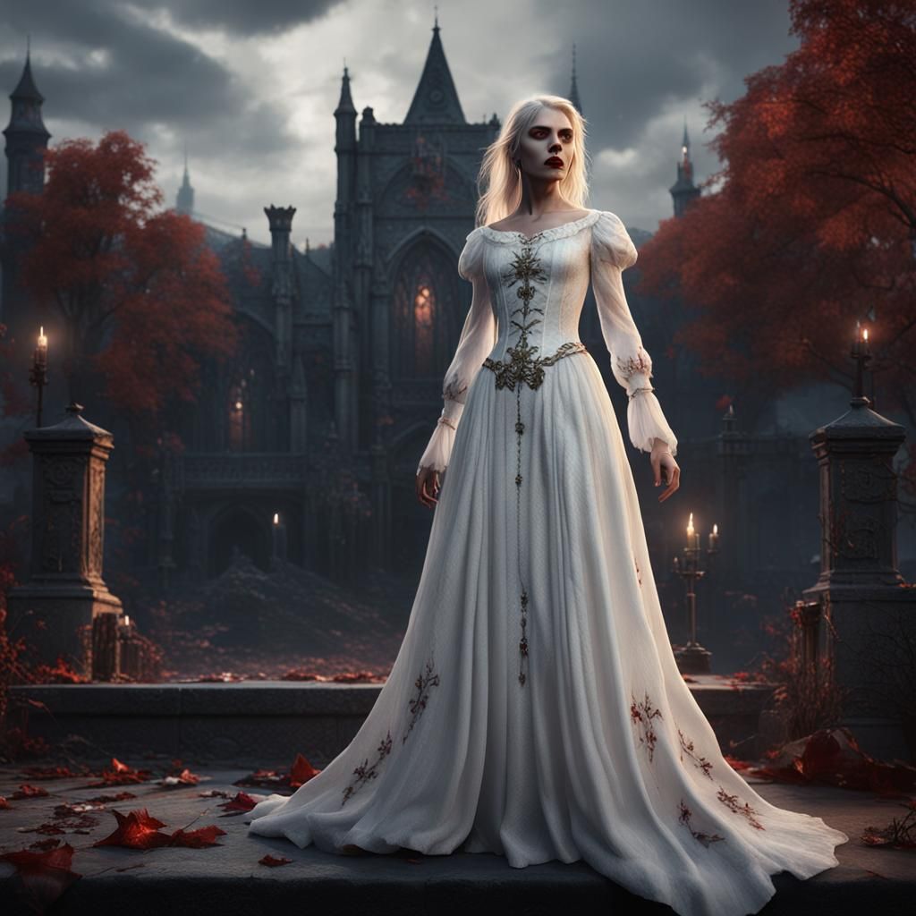 Blonde Vampire in White Dress: Detailed Digital Painting