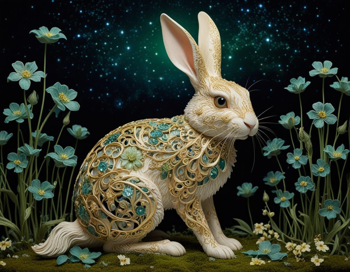 Golden Rabbit with Emerald Eyes in Bioluminescent Garden