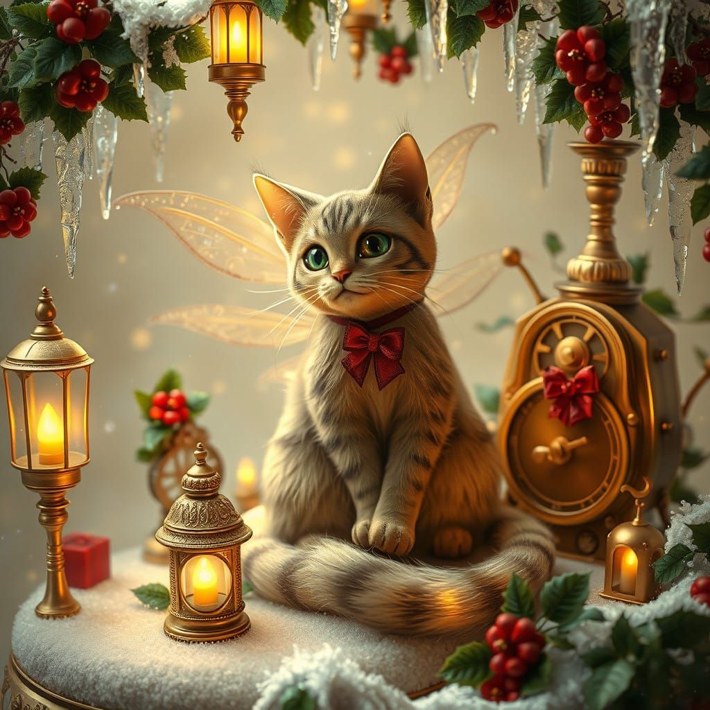 Steampunk Cat Fairy in Victorian Christmas Wonderland