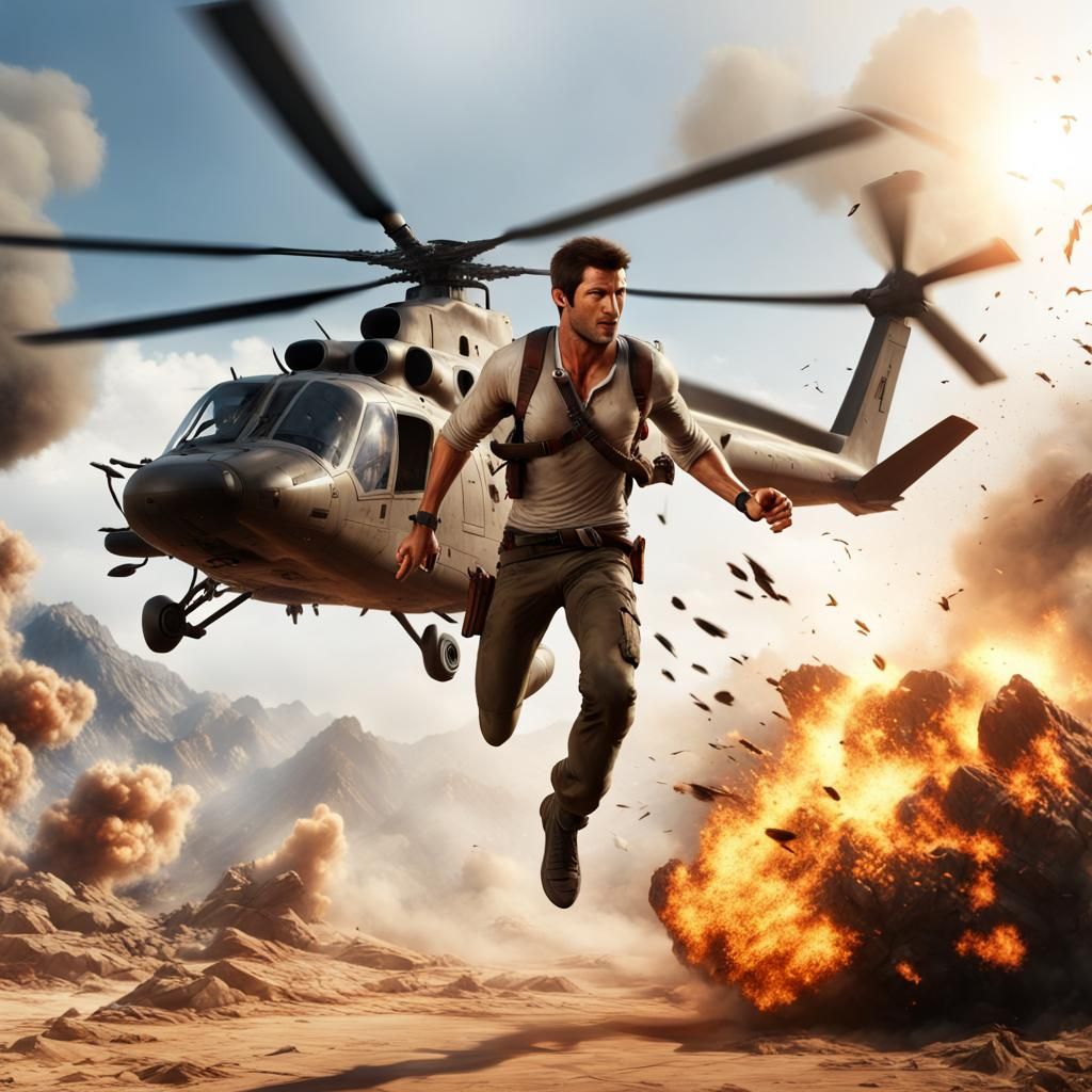 Nathan Drake Escapes Explosion: Photorealistic Digital Art