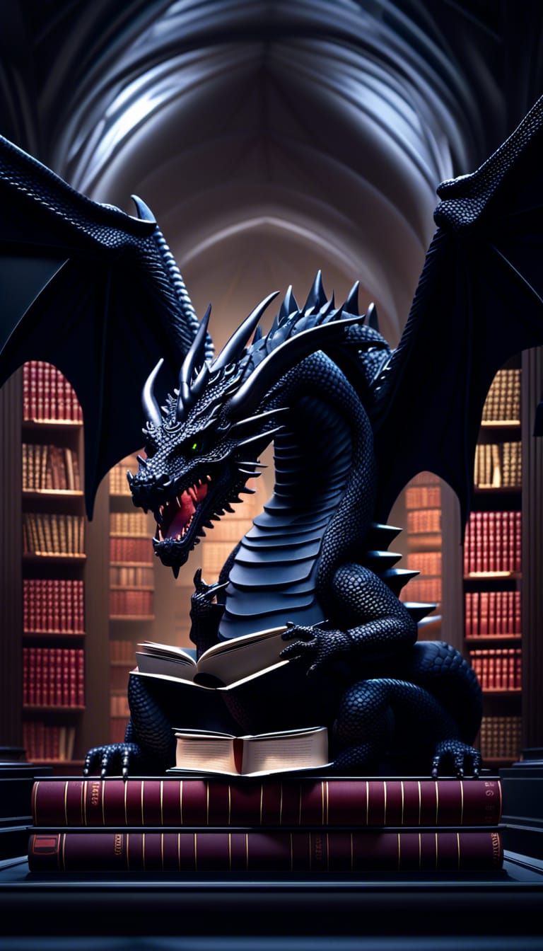 Black Dragon Reading Books in Ethereal Library