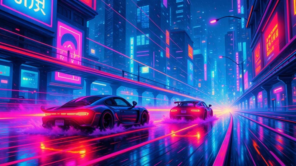 Neon Metropolis Hover Car Race in Light Rain