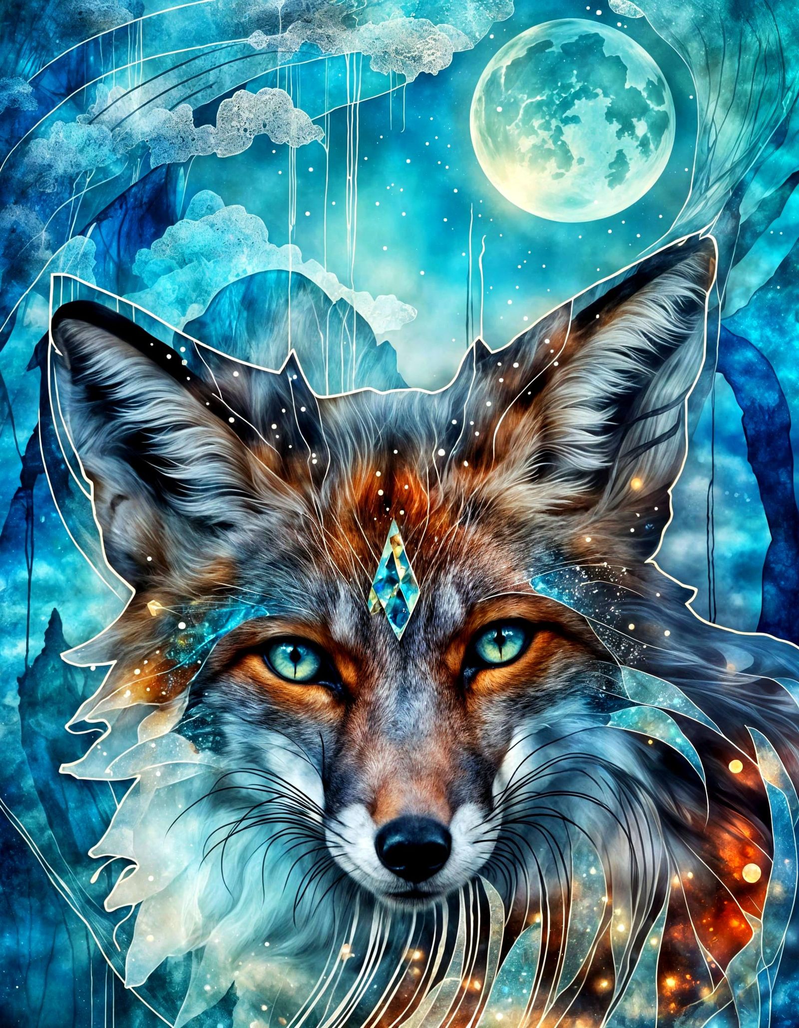 Tribal Fox Spirit in Ethereal Double Exposure Portrait