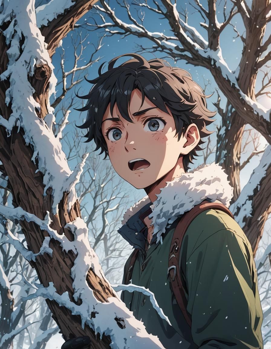 Desperate Anime Adventurer in Frozen Landscape