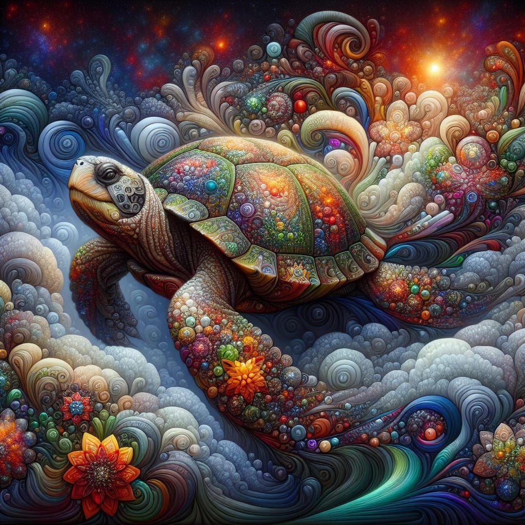 Intricately Detailed Turtle in Maximalist Digital Art