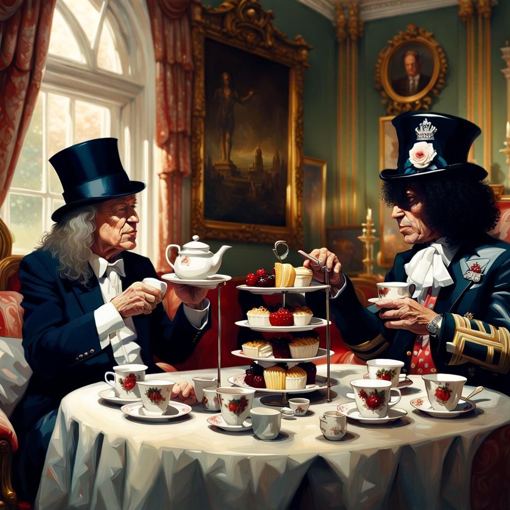 Angus Young and Slash Have Tea with The Queen