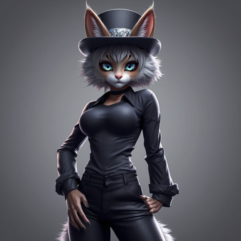 Feline Humanoid Girl in Top Hat: 3D Anime Art