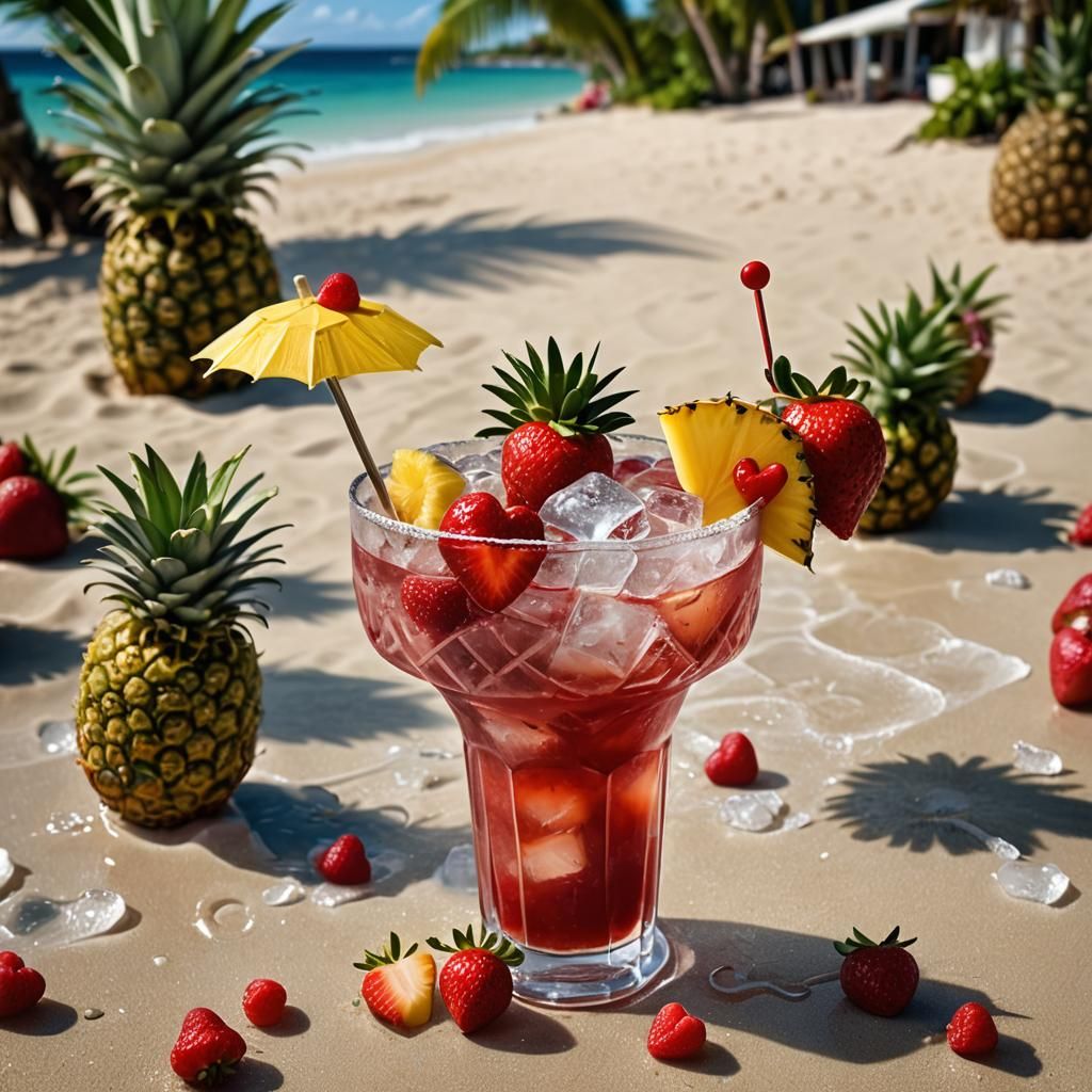 Refreshing Strawberry Cocktail on the Beach: Detailed Digita...