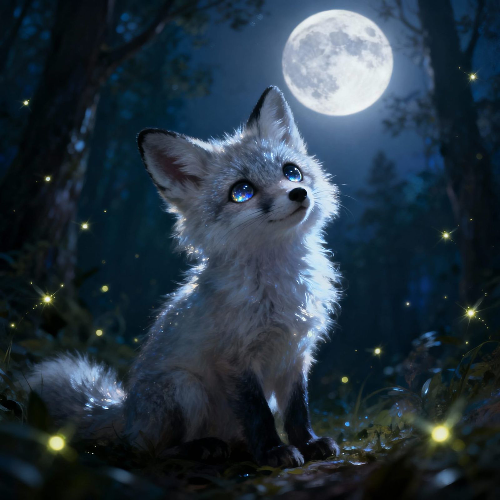 Fluffy Fox Under Moonlight in Enchanted Forest