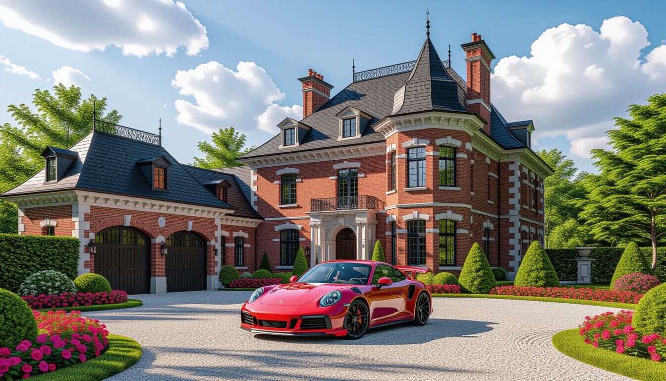 Victorian Chateau with Red Porsche 911
