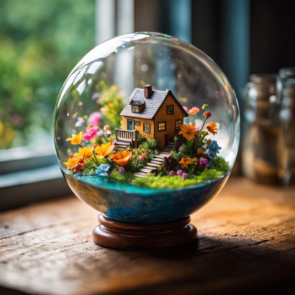 Whimsical Spring Globe with Miniature World and Rainbow Flow...