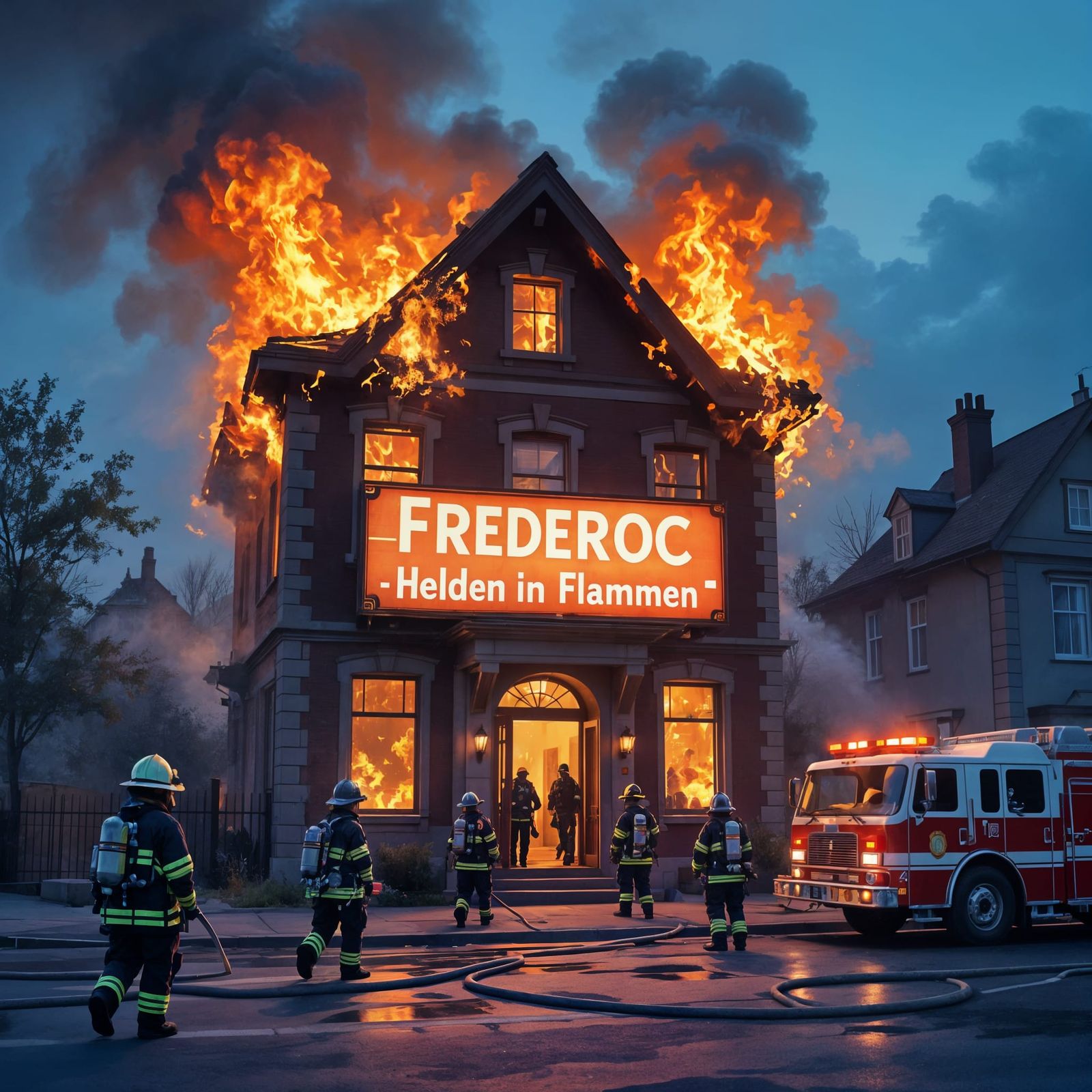 Firefighters Battle Blazing Building With Frederoc Sign