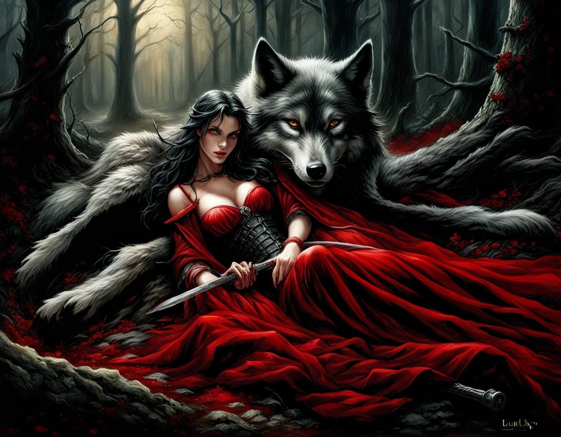 Hyperrealistic Red Riding Hood in Dark Forest
