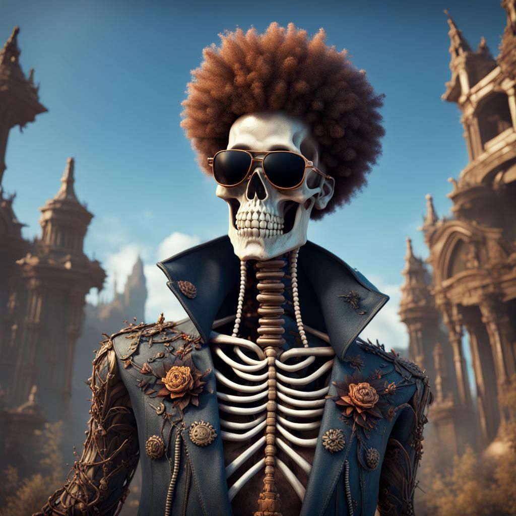 Living Skeleton with Afro in Detailed Matte Painting