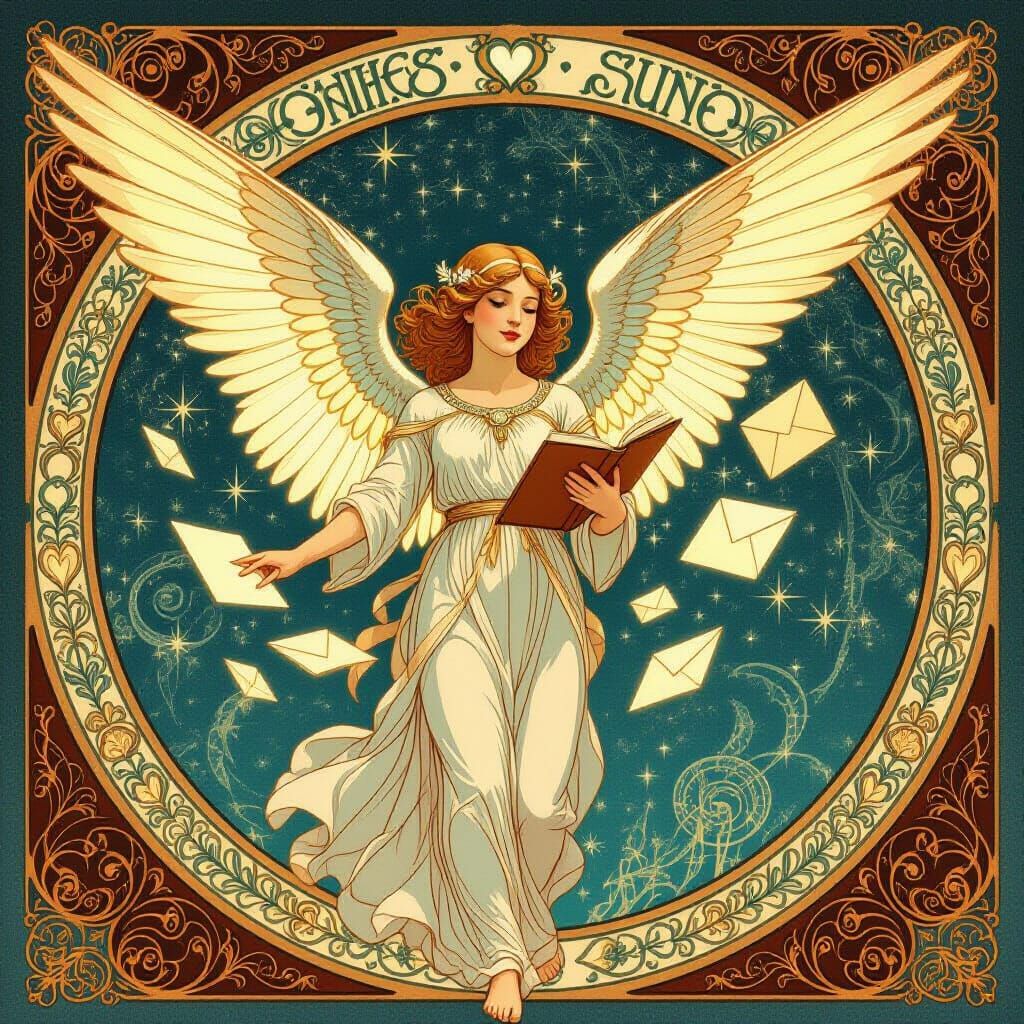 Art Nouveau Angel Postman Delivering Galactic Sounds in Cosm...