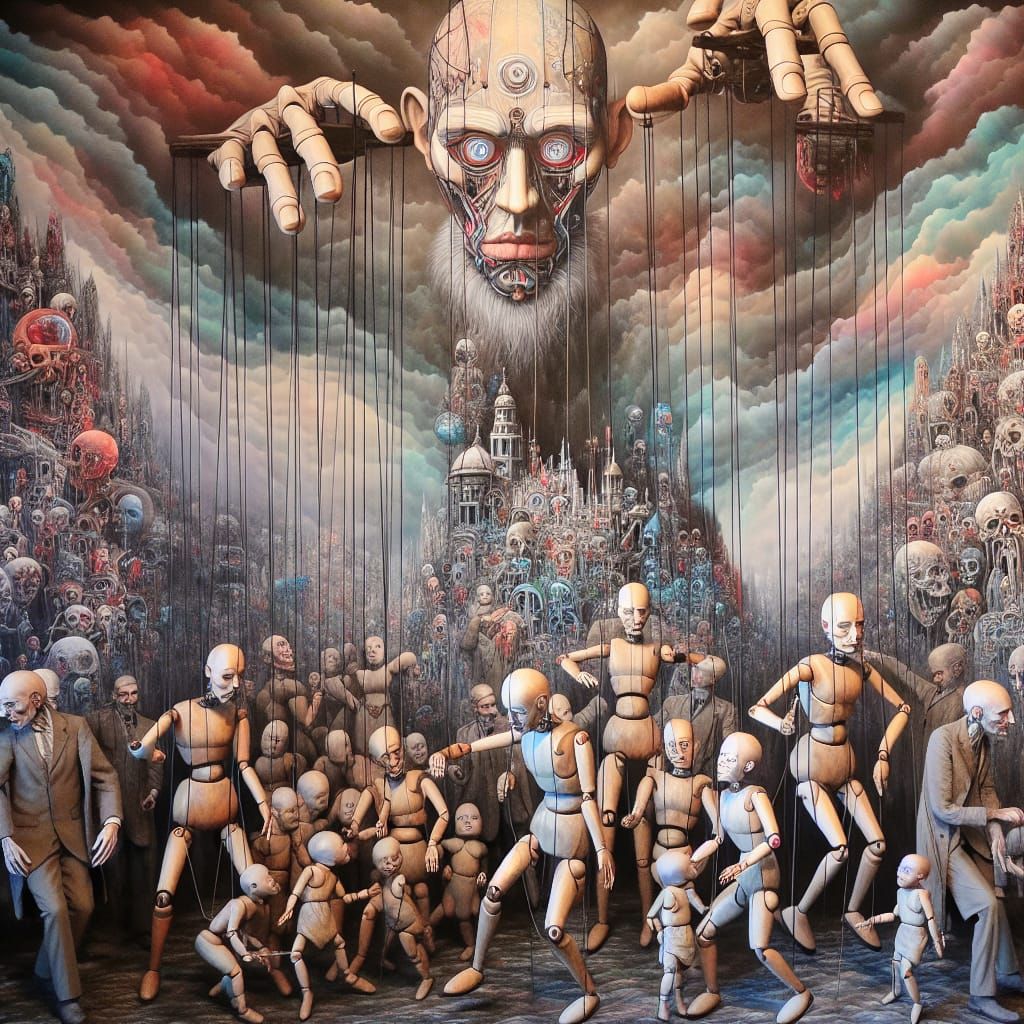 In an eerie, surreal landscape, a giant marionette figure controls life-sized human puppets. Uncanny valley, surreal
