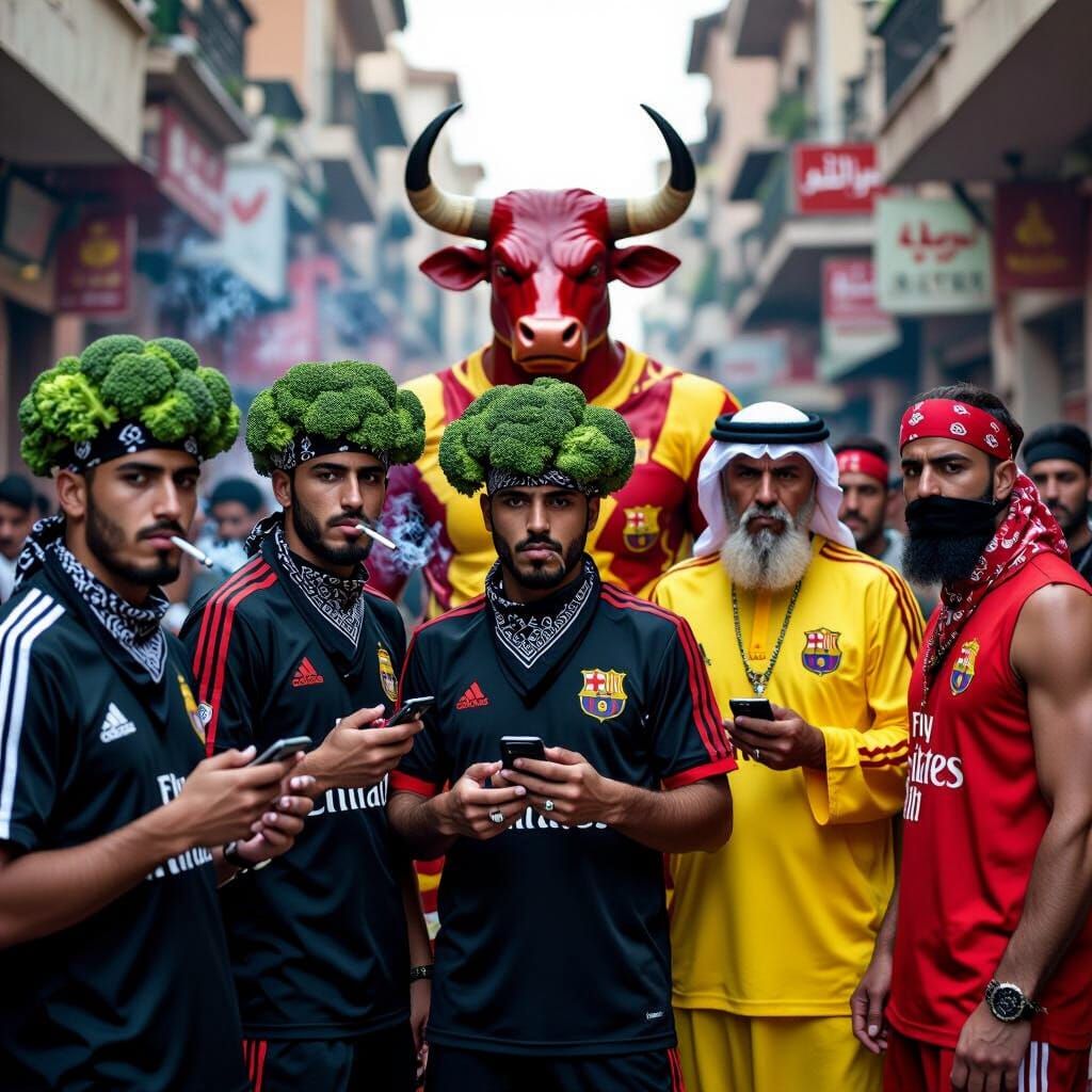 Street Scene with Broccoli Hairstyle Men and Bull Figure