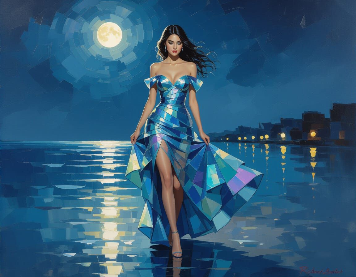 Impressionist Woman Dances in Moonlit Glass Shards