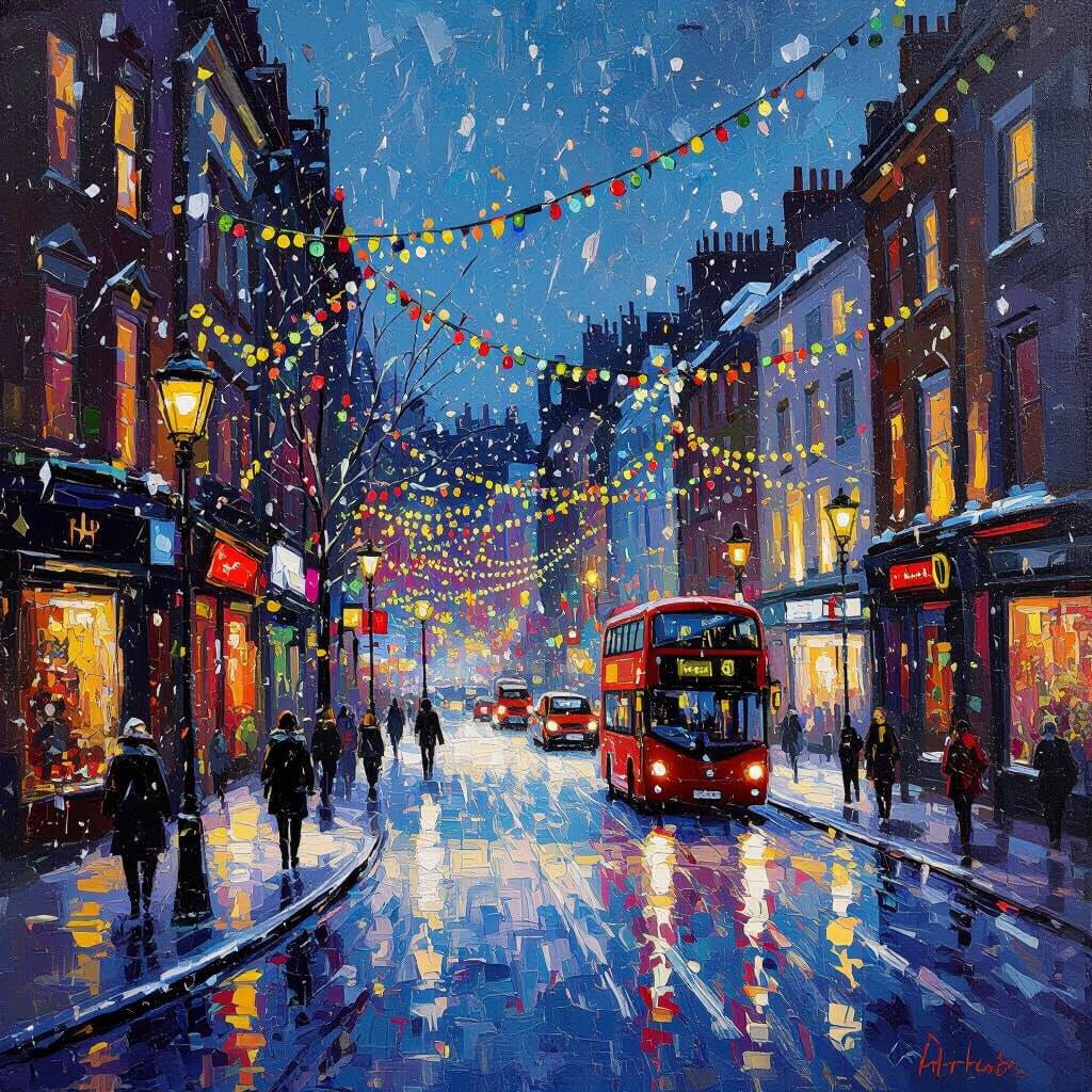 Snowy London Street Aglow with Christmas Lights