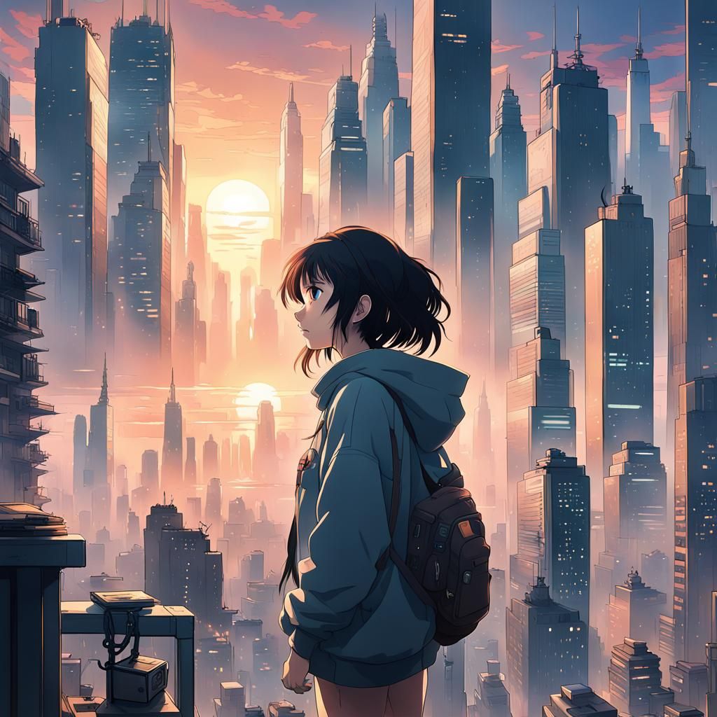 Cyberpunk Sunset Overlook, Studio Ghibli Anime Style