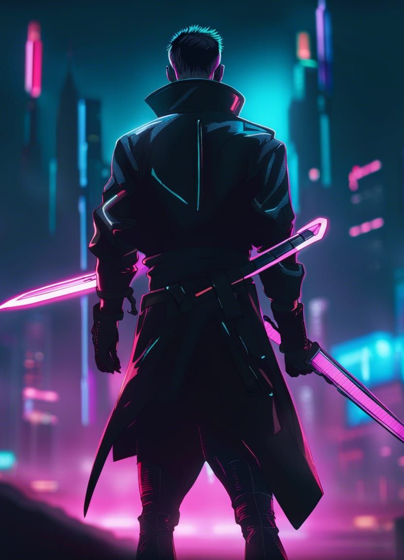 Anime Swordsman in Cyberpunk Neon Landscape