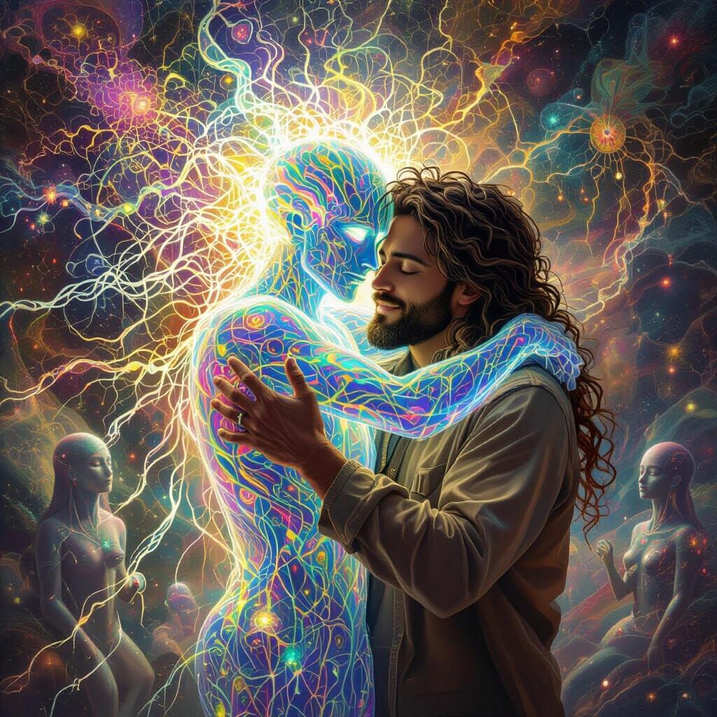 Traveler Hugs DMT Entity in Psychedelic Alien Dimension