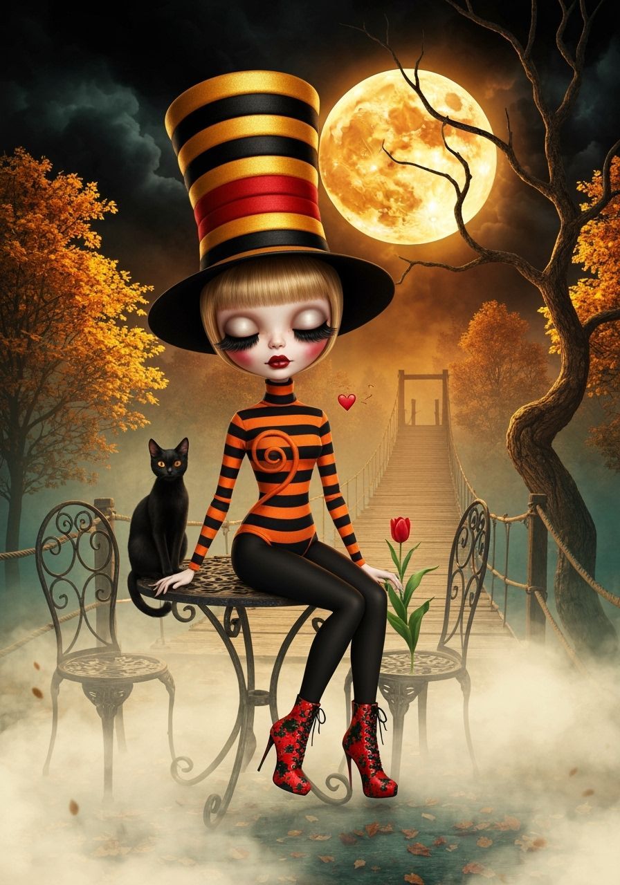 Surreal Doll Girl in Apocalyptic Forest with Striped Hat