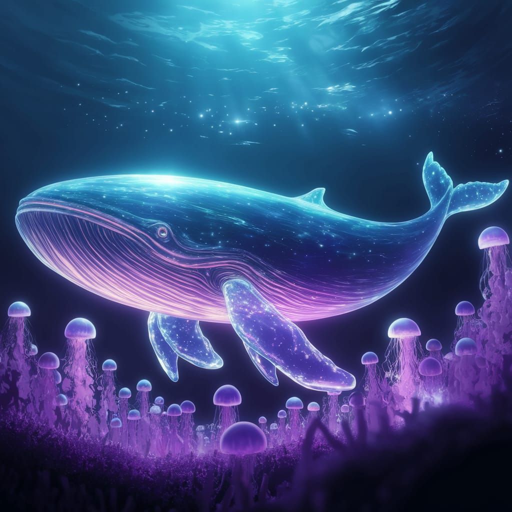 Underwater view of a huge fantastical glowing transparent gl...