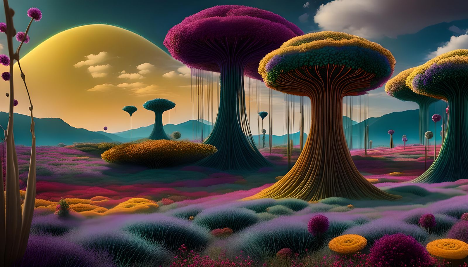 Psychedelic Meadow in Huichol Yarn Painting Style