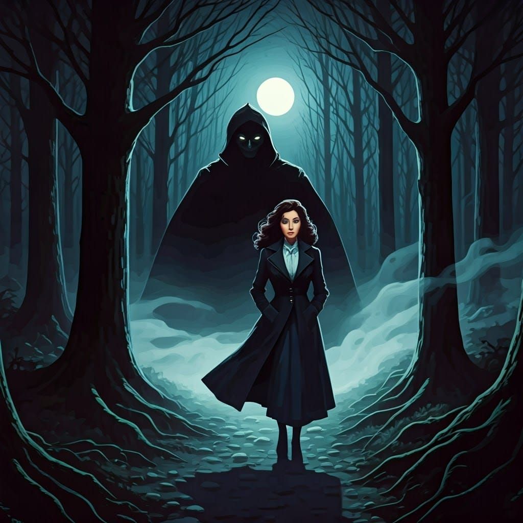 Mysterious Woman in Shadowy Forest: Pulp Fiction Illustratio...