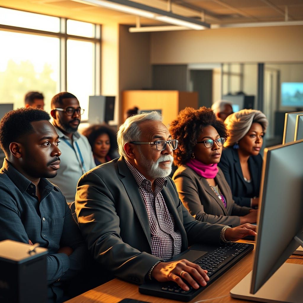 Diverse Seniors Thrive in Futuristic Computer Class